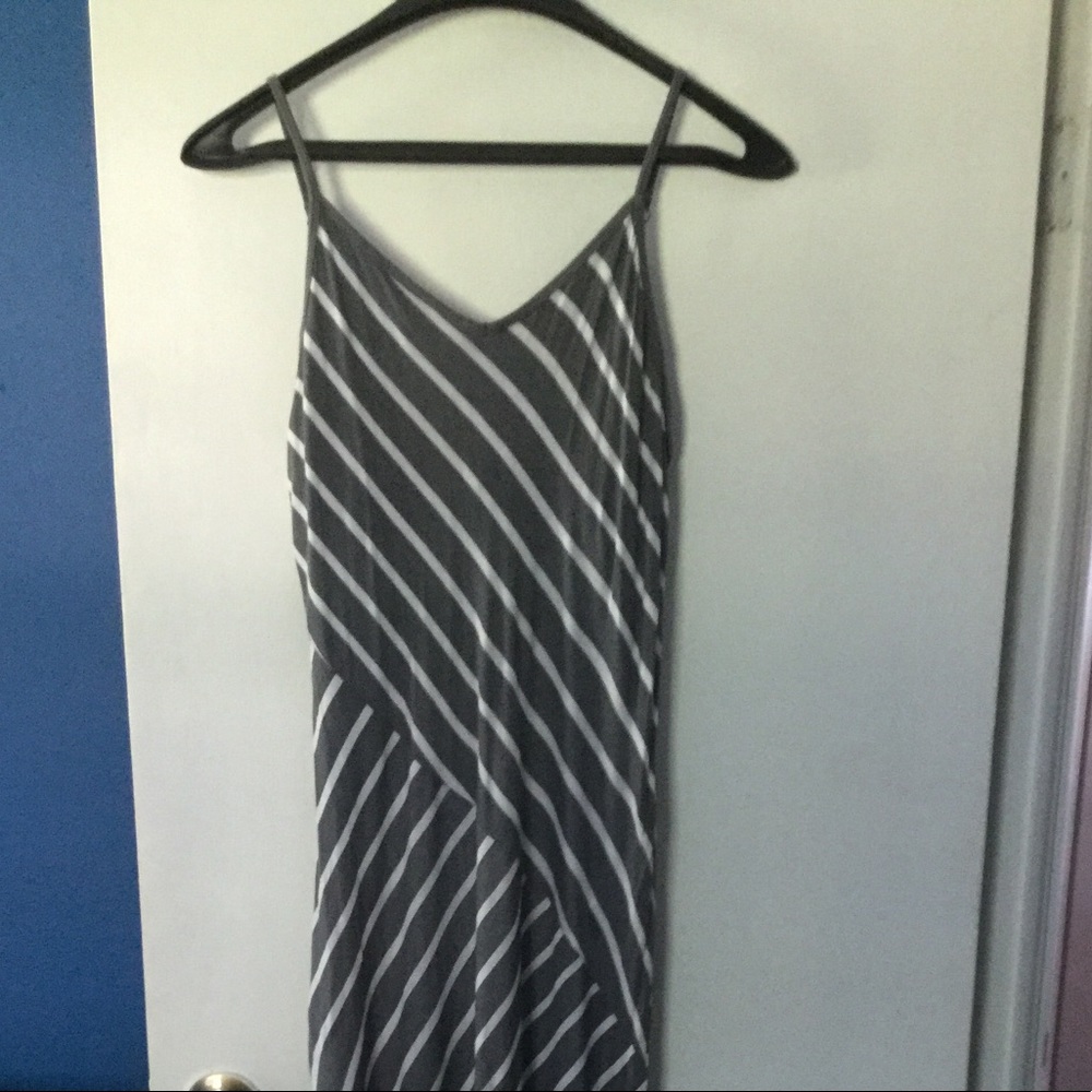 Gray and white stripped t-strap tank style maxi